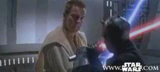 Obi-Wan and Darth Maul duel. Notice Maul's single saber mode.